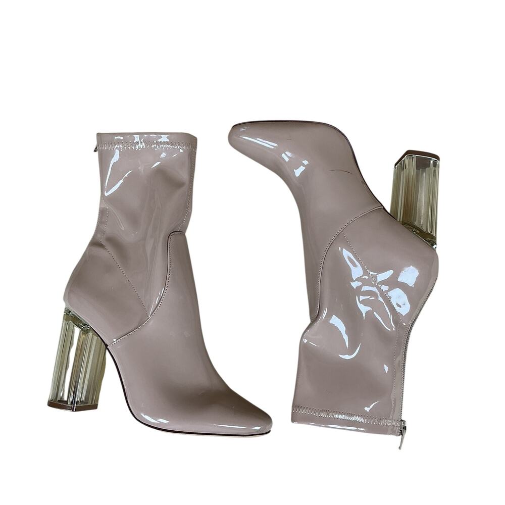Liliana Ankle Boots Women 7 Cream Patent Clear Lucite Block Heel Back Zip Shiny